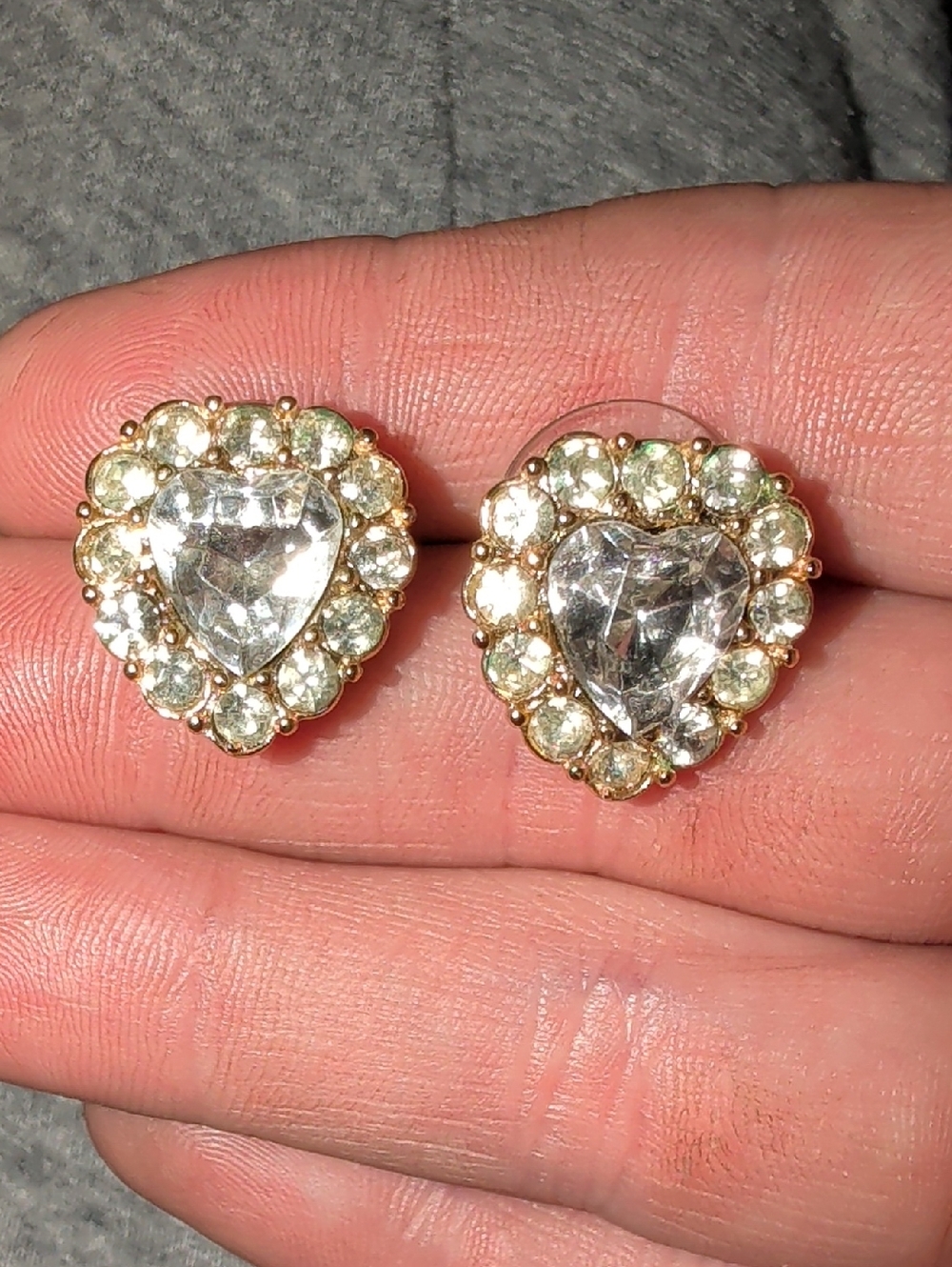 Trifari Gold Toned Halo Heart Rhinestone Stud Earrings